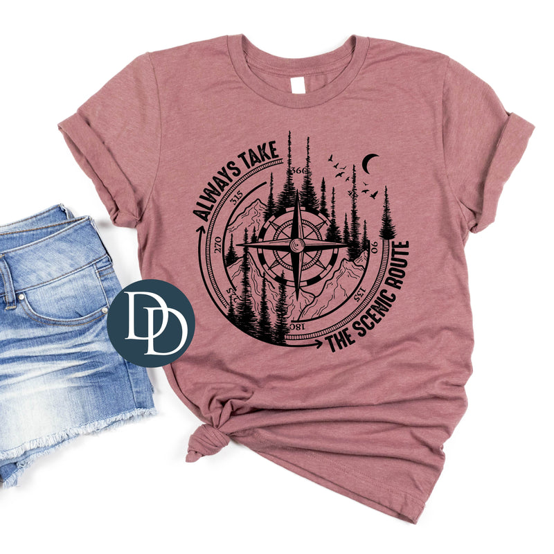 Always Take the Scenic Route Compass Nature (Black Ink) *Screen Print Transfer*