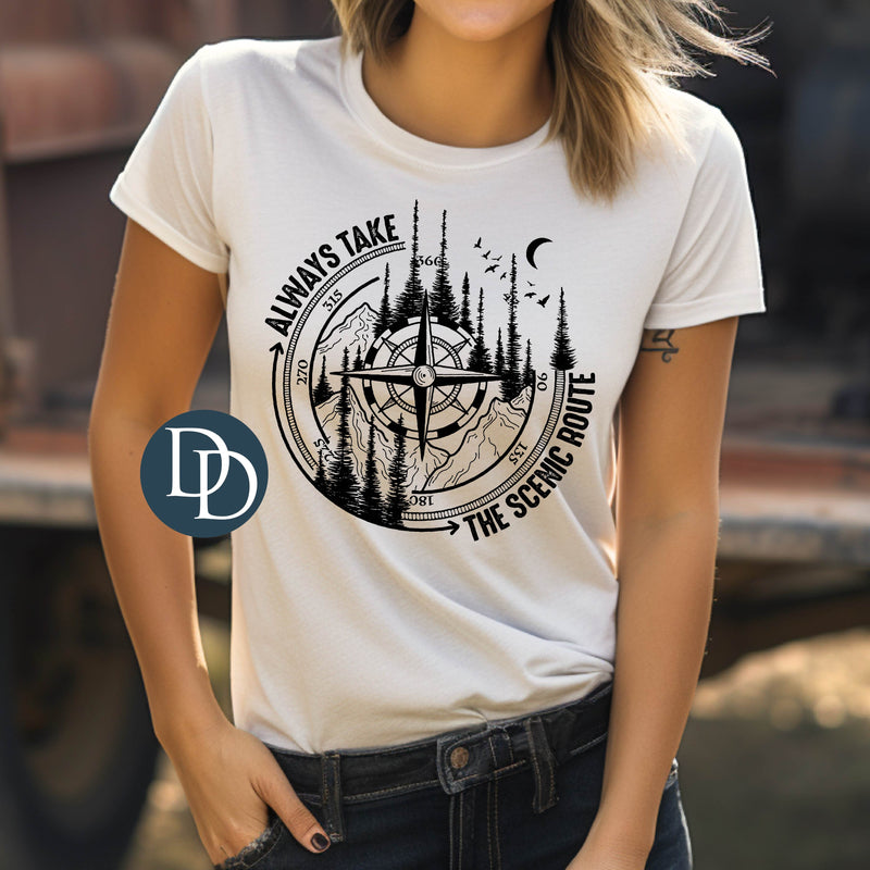 Always Take the Scenic Route Compass Nature (Black Ink) *Screen Print Transfer*