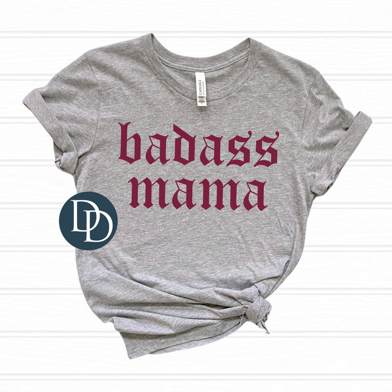 Badass Mama Old English with Hat Print (Maroon Ink) *Screen Print Transfer*