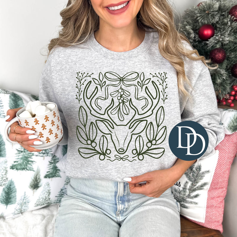 Boho Christmas Foliage Deer (Hunter Green Ink) *Screen Print Transfer*