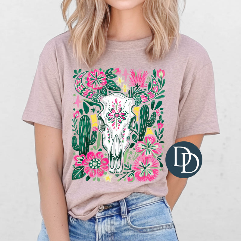 OVERSIZED Boho Pink Green Cow Skull *DTF Transfer*