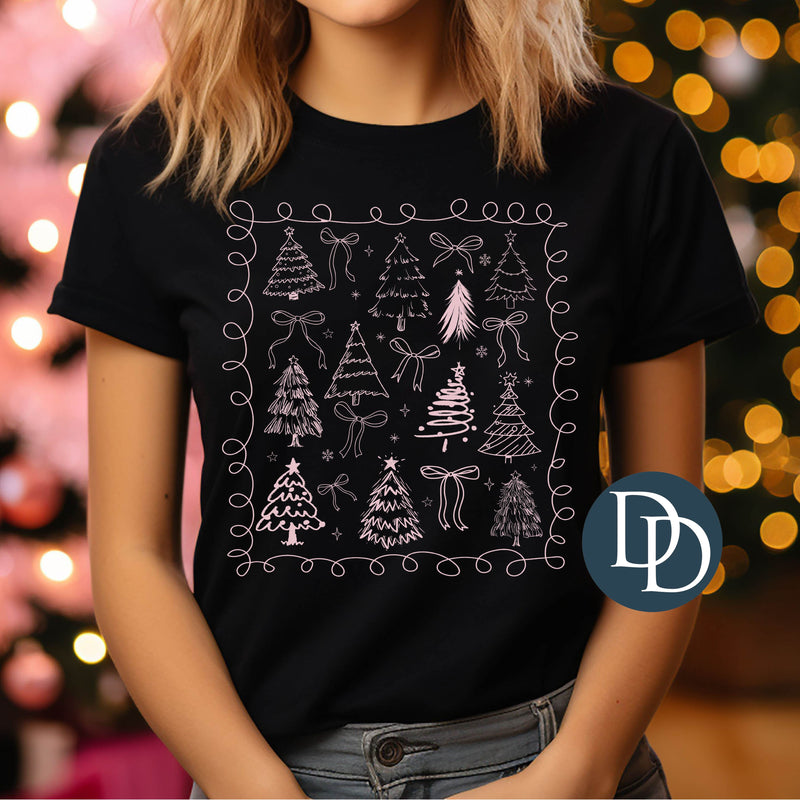 Christmas Trees And Bows Doodle (Baby Pink Ink) *Screen Print Transfer*