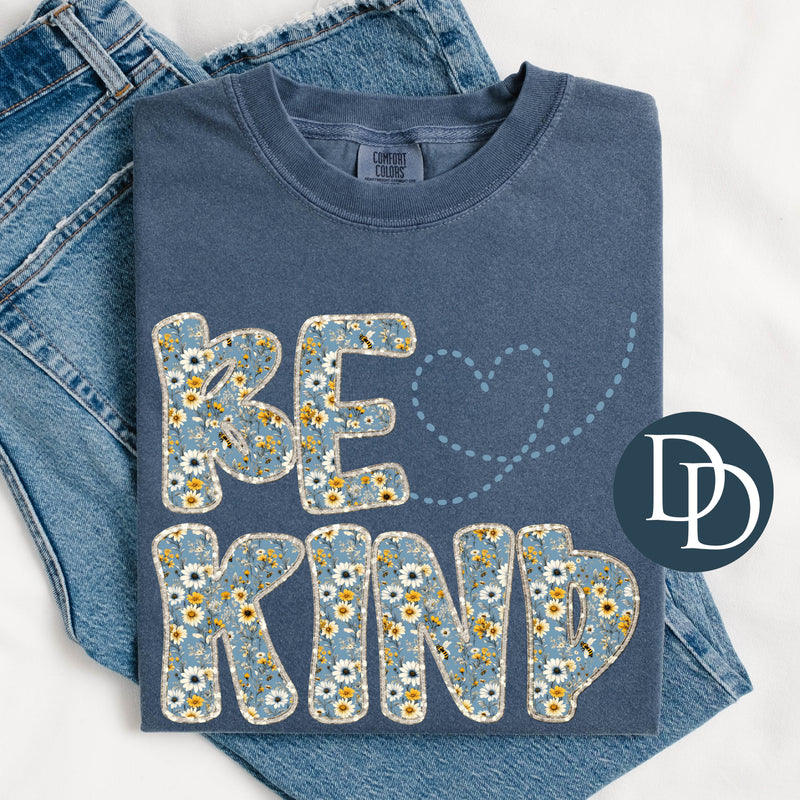 Dainty Blue Floral Be Kind Faux Embroidery *DTF Transfer*