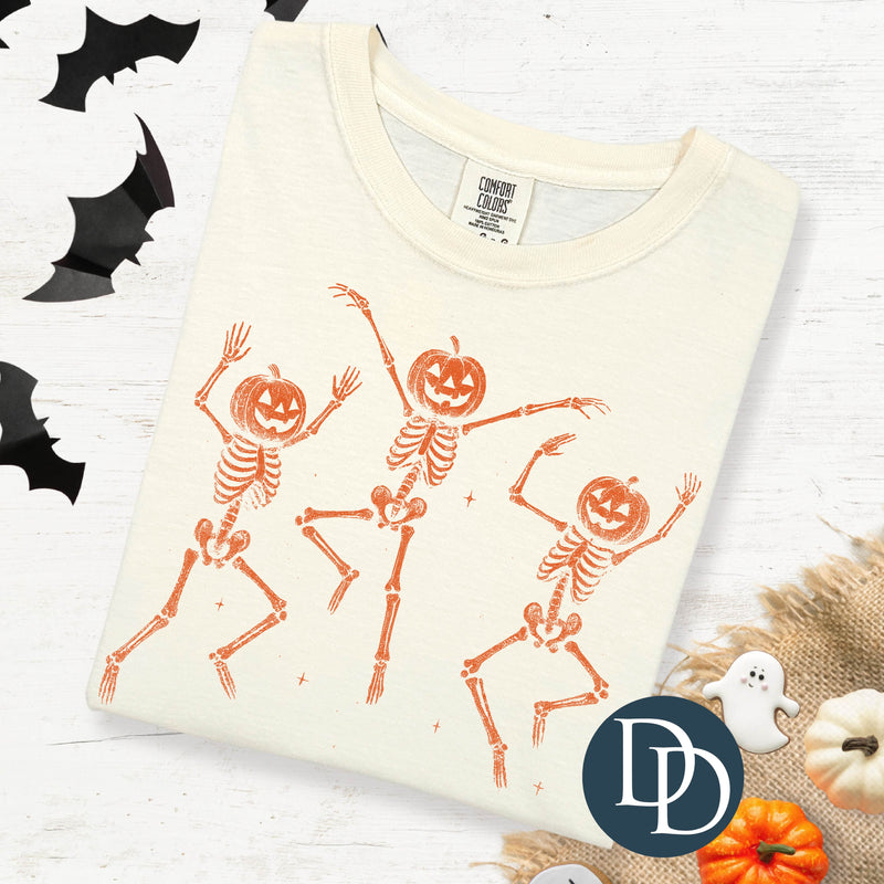 Dancing Pumpkin Head Skeletons (Orange Ink) *Screen Print Transfer*