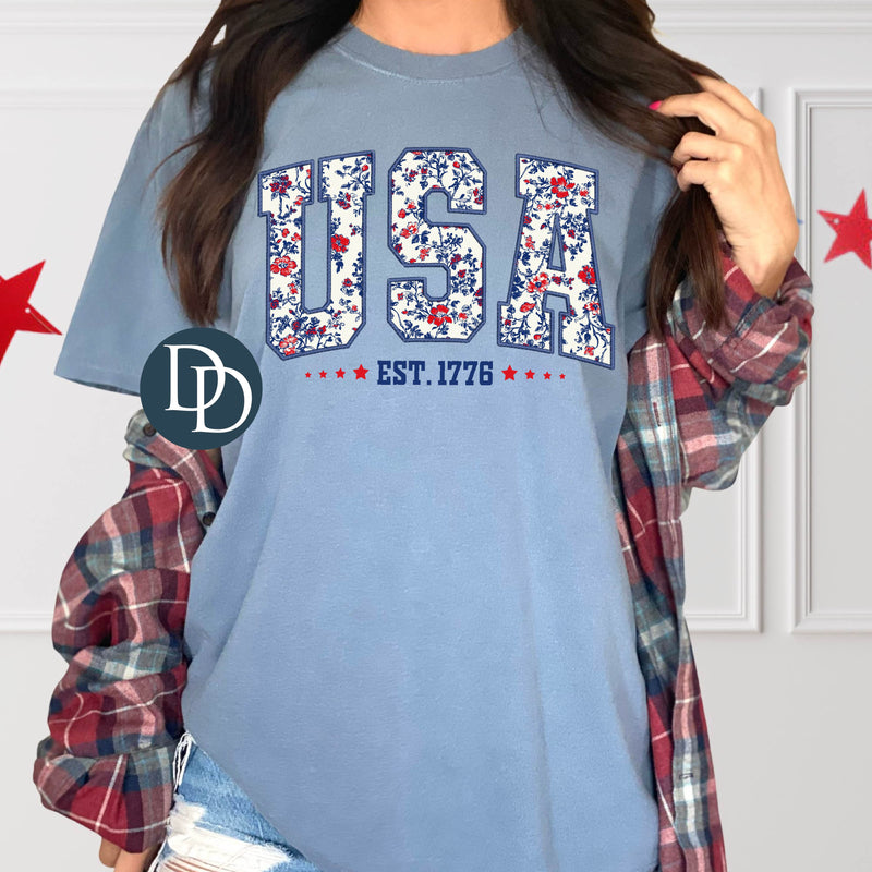 Faux Embroidery Floral USA Est 1776 *DTF Transfer*