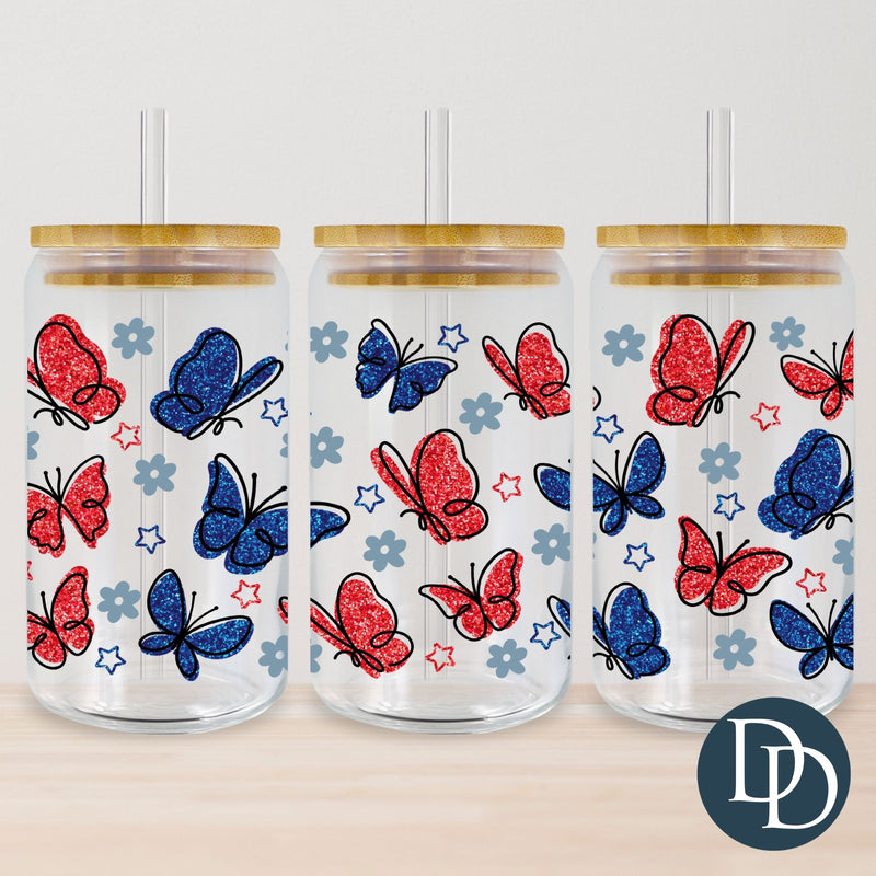 Faux Glitter Blue Red Butterfly  *UV DTF Cup Wrap*