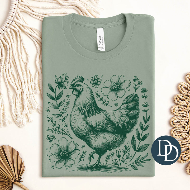 Floral Summer Chicken (Hunter Green Ink) *Screen Print Transfer*