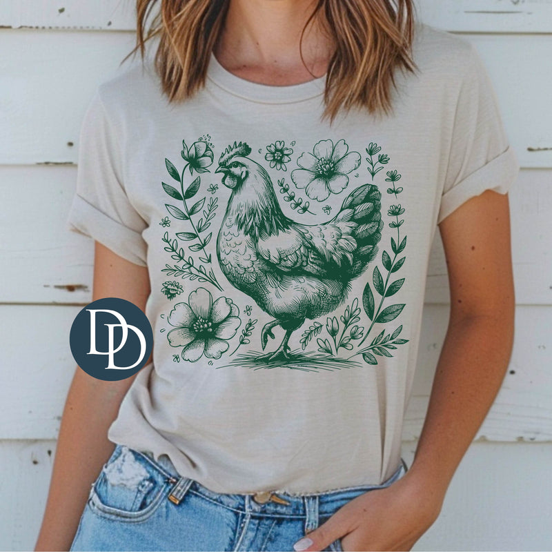 Floral Summer Chicken (Hunter Green Ink) *Screen Print Transfer*
