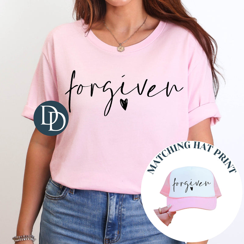 Forgiven Script With Hat Accent (Black Ink) *Screen Print Transfer*