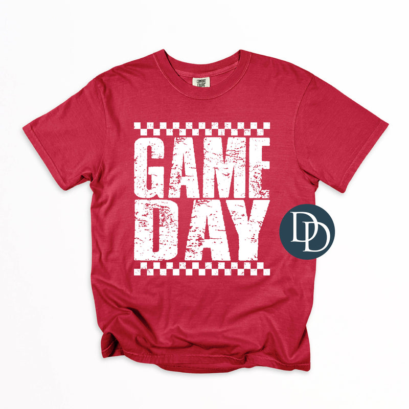 Game Day Distressed Checkered White Ink *DTF Transfer*