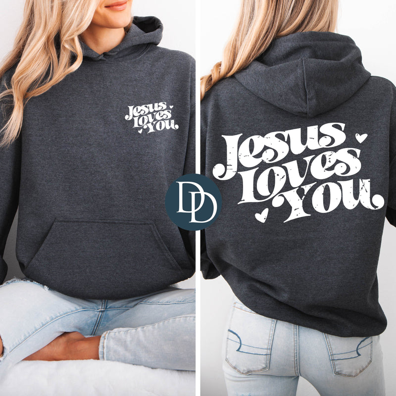 OVERSIZED Grunge Jesus Loves You With Pocket Accent (White Ink) *Screen Print Transfer*