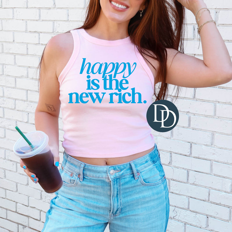 Happy is the New Rich with Hat Print (Columbia Blue Ink) *Screen Print Transfer*