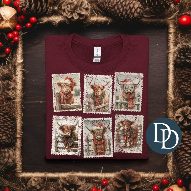 Highland Cow Vintage Christmas Stamps  *DTF Transfer*