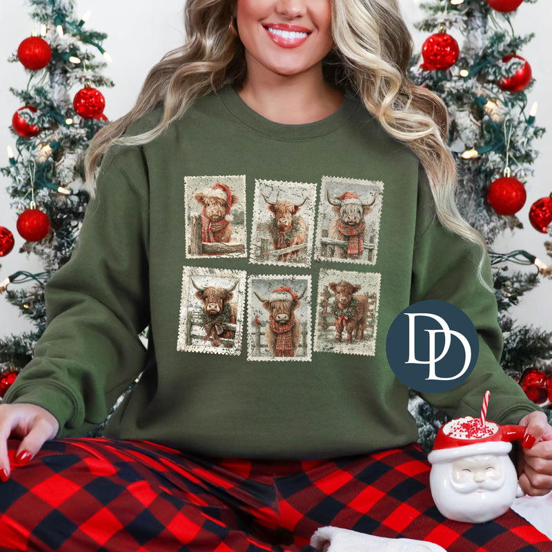 Highland Cow Vintage Christmas Stamps  *DTF Transfer*