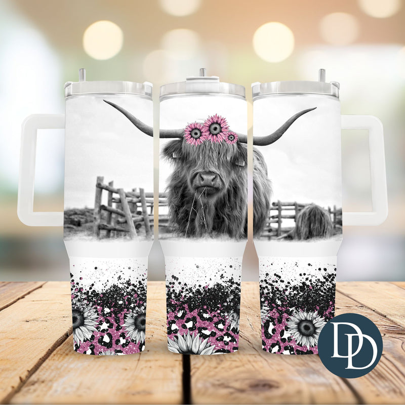 Highland Pink Floral Faux Pink Glitter *UV DTF 40oz Tumbler Wrap*