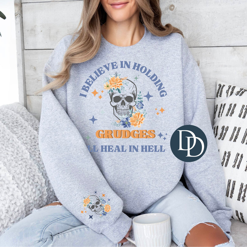 I Believe In Holding Grudges Watercolor Florals With Sleeve Accent *DTF Transfer*