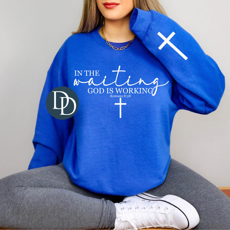 In the Waiting God is Working with Sleeve Accent (White Ink) *Screen Print Transfer*