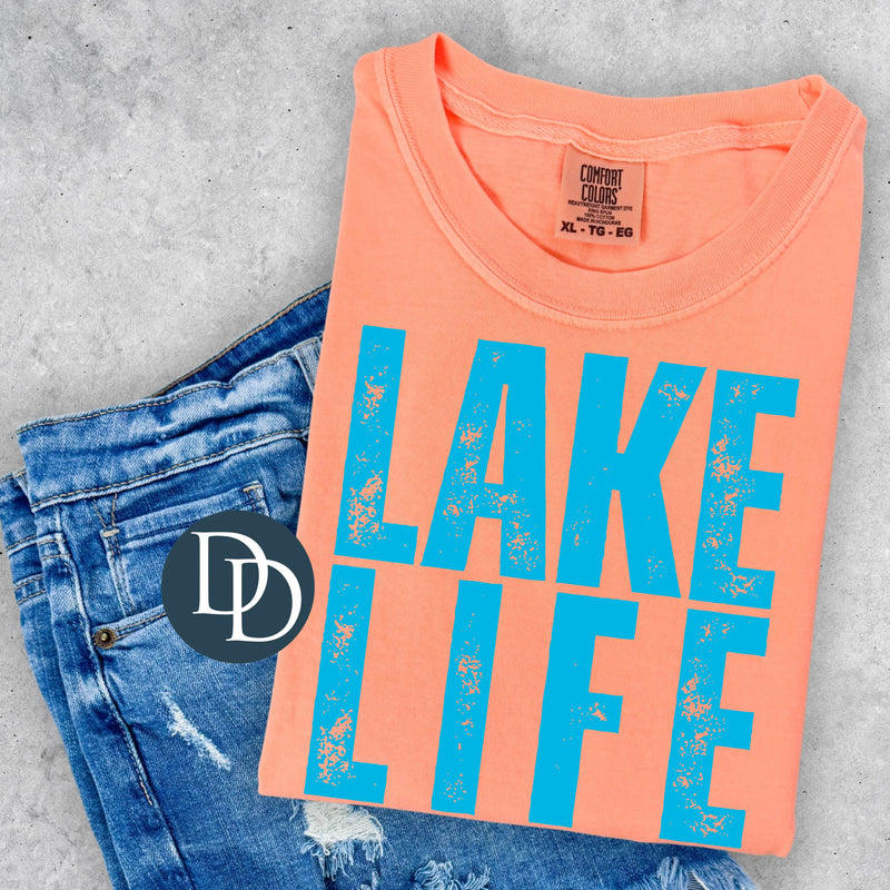 Lake Life Distressed Block (Bright Blue Ink) *Screen Print Transfer*