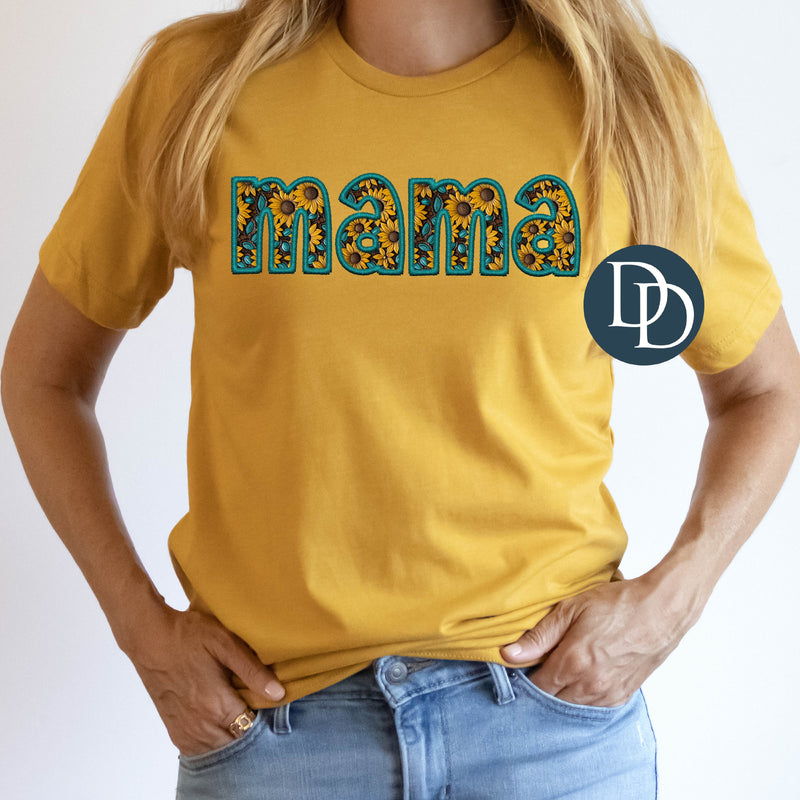 MAMA Sunflower Teal Faux Embroidery *DTF Transfer*
