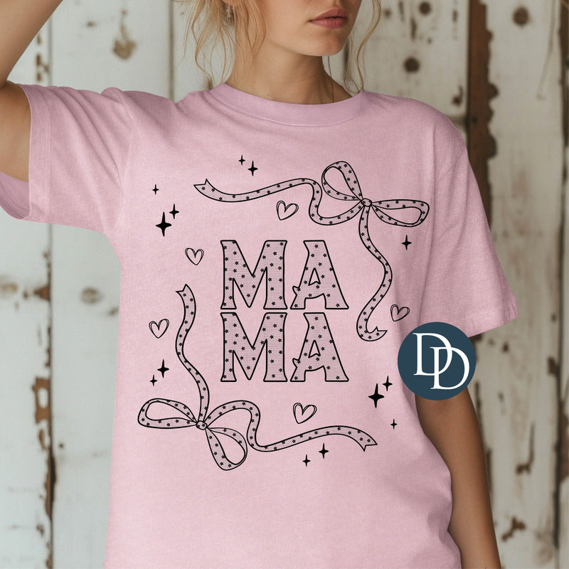 Mama Black Bow Hearts Faux Lace (Black Ink) *Screen Print Transfer*