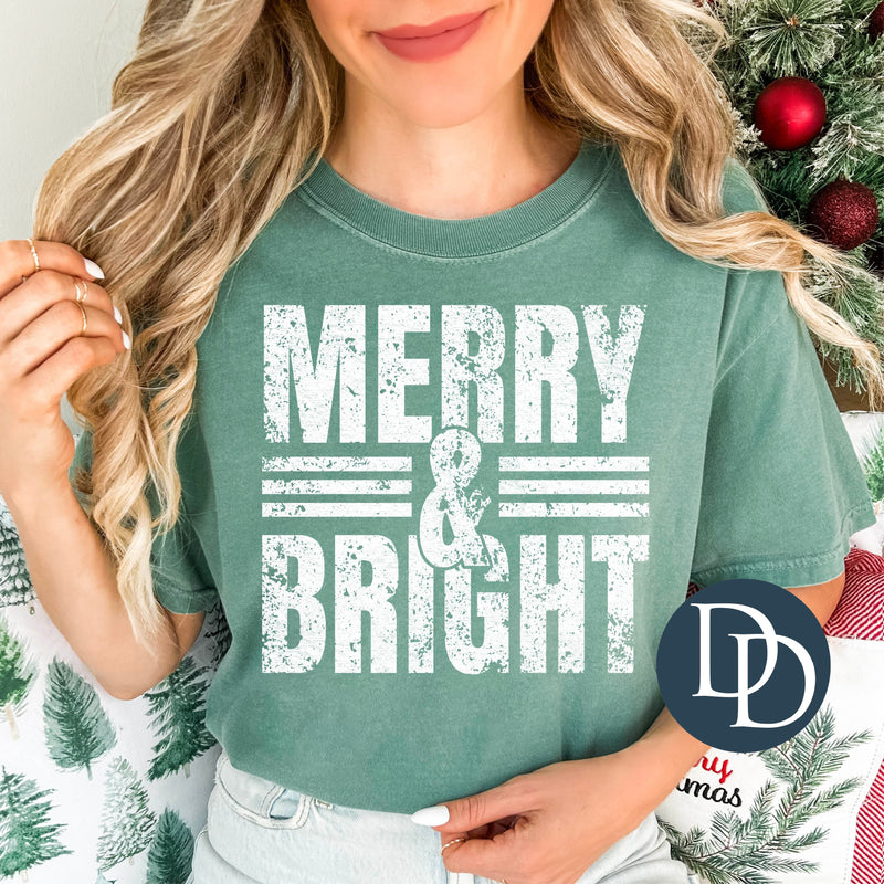 Merry And Bright Distressed Block (White Ink) *Screen Print Transfer*