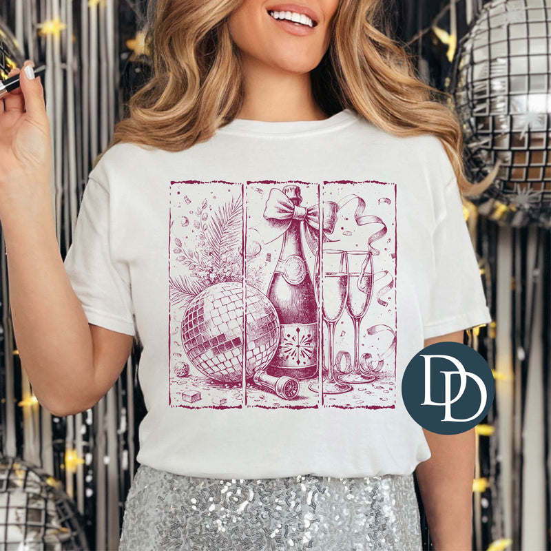 New Years Champagne Panels (Burgundy Ink) *Screen Print Transfer*