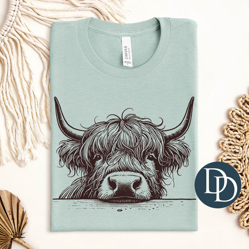 Peekaboo Highland Cow Head (Dark Brown Ink) *Screen Print Transfer*