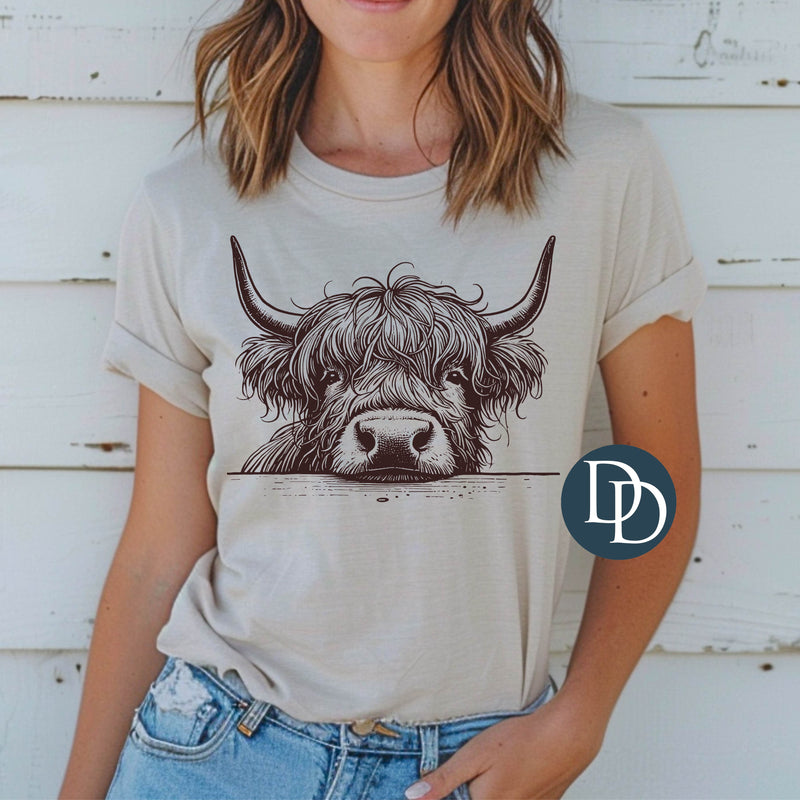 Peekaboo Highland Cow Head (Dark Brown Ink) *Screen Print Transfer*