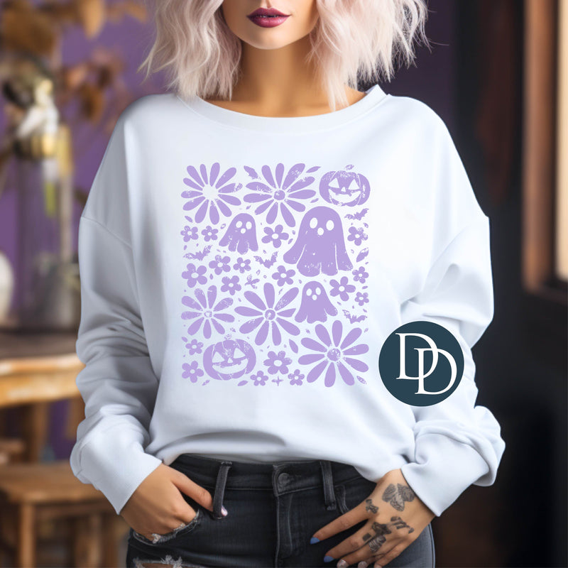 Retro Cute Floral Ghosts (Lavender Ink) *Screen Print Transfer*