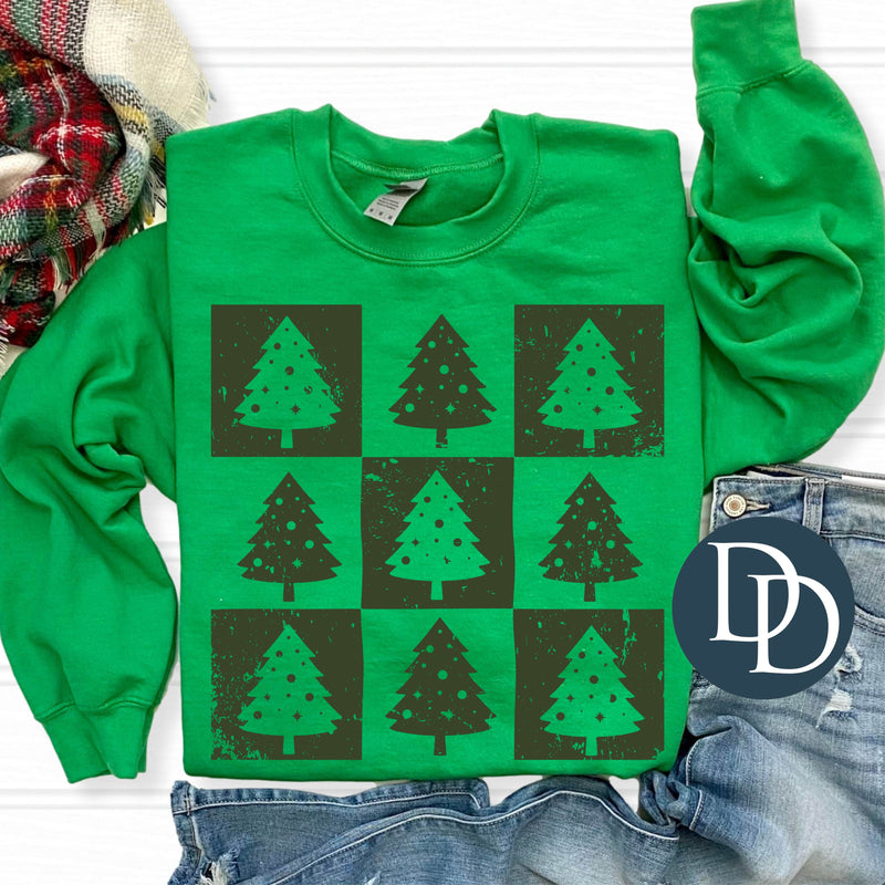 Retro Distressed Checkered Trees (Hunter Green Ink) *Screen Print Transfer*