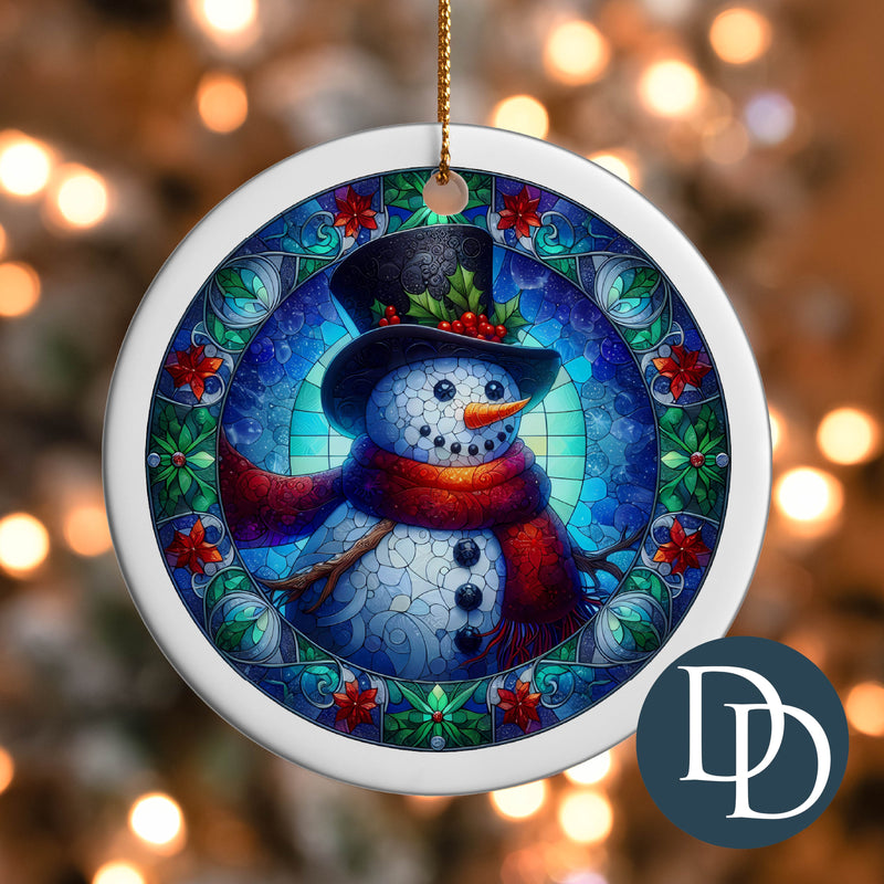 Snowman And Poinsettias Stained Glass *UV DTF Ornament Decal*