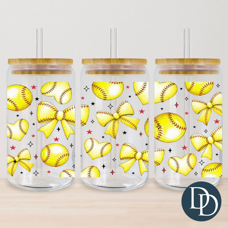 Softball Vintage Heart and Bow *UV DTF Cup Wrap*