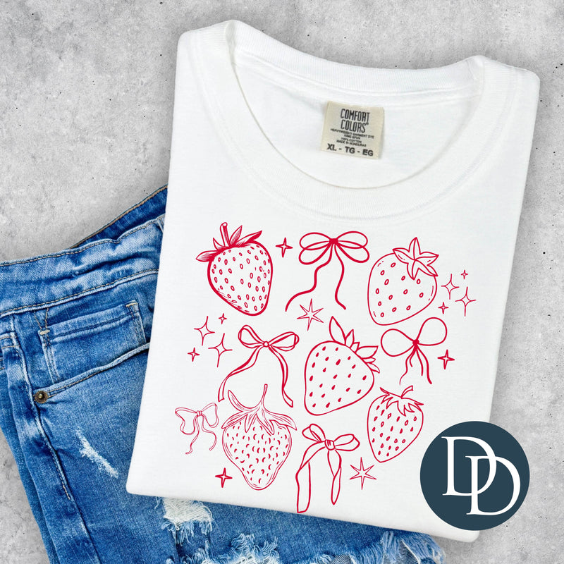 Summer Strawberries and Bows (Fire Red Ink) *Screen Print Transfer*