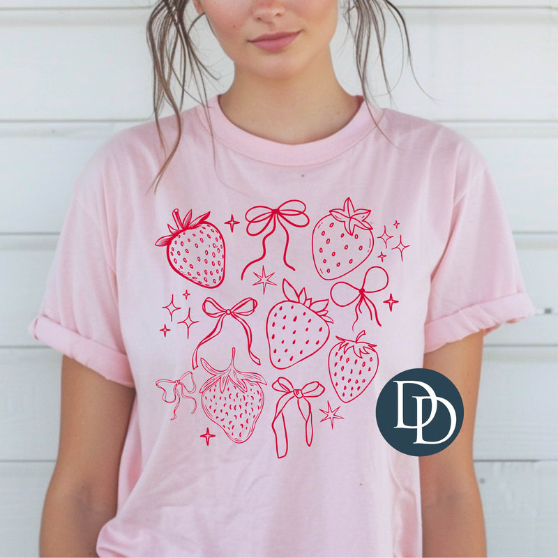 Summer Strawberries and Bows (Fire Red Ink) *Screen Print Transfer*