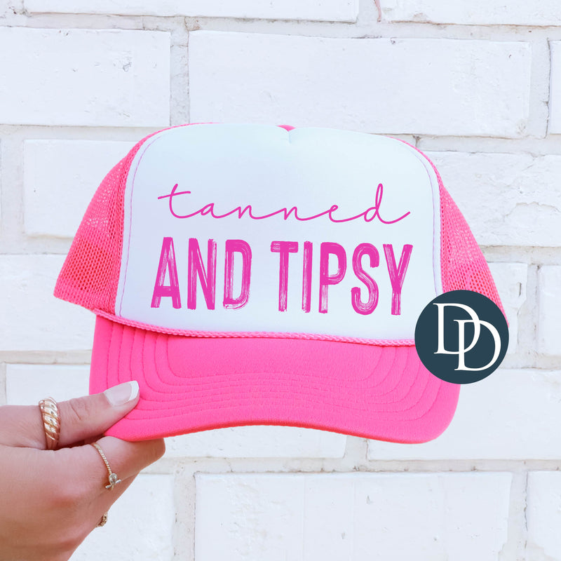 Tanned and Tipsy Brush Stroke with Hat/Pocket Print (Hot Pink Ink) *Screen Print Transfer*