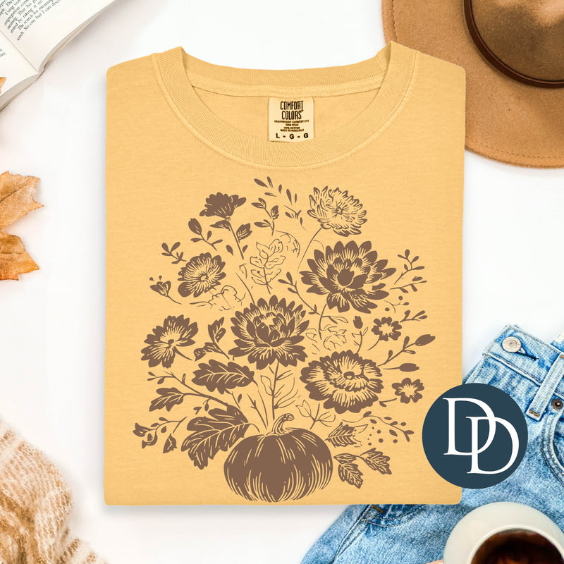 Vintage Fall Pumpkin Floral (Doe Brown Ink) *Screen Print Transfer*