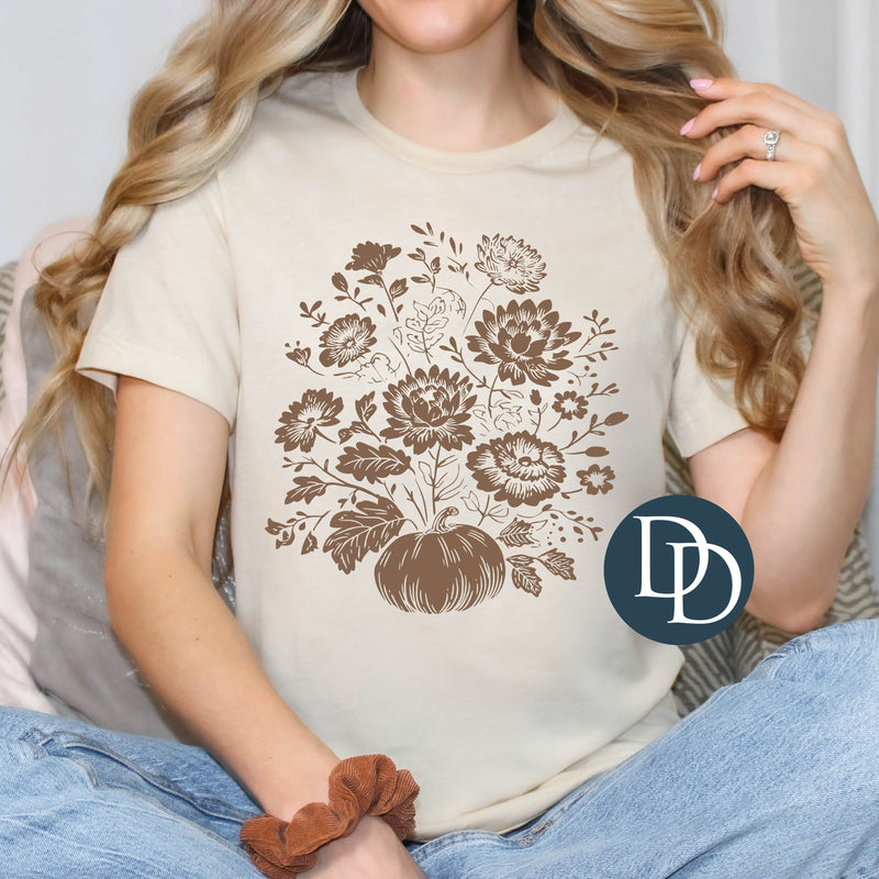 Vintage Fall Pumpkin Floral (Doe Brown Ink) *Screen Print Transfer*