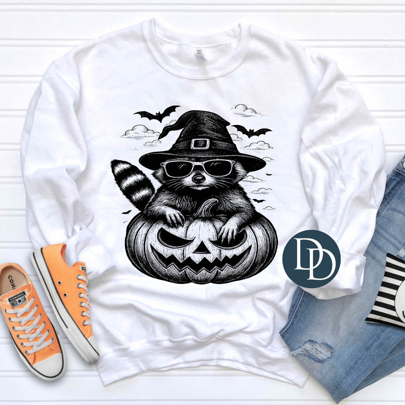 Witchy Raccoon Jack-O-Lantern (Black Ink) *Screen Print Transfer*