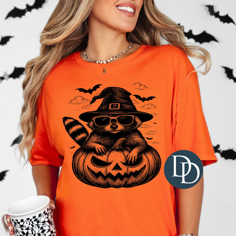 Witchy Raccoon Jack-O-Lantern (Black Ink) *Screen Print Transfer*